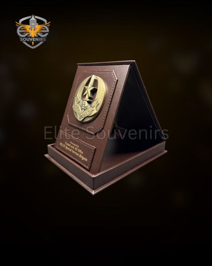 Custom Folding Leather Desk Plaque with Metal Emblem Military Souvenir