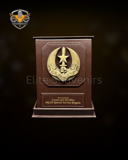 Custom Folding Leather Desk Plaque with Metal Emblem Military Souvenir