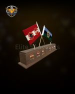 Custom Wooden Table Flag Stand with Metal Badges Desk Souvenir