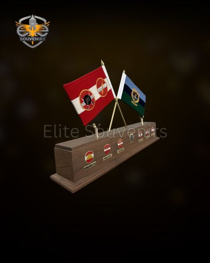 Custom Wooden Table Flag Stand with Metal Badges Desk Souvenir