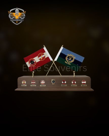 Custom Wooden Table Flag Stand with Metal Badges Desk Souvenir
